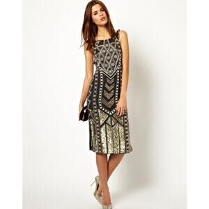 Needle & Thread Art Deco Beaded Slip Dress Geo Pearl Midi Black Gold Cocktail